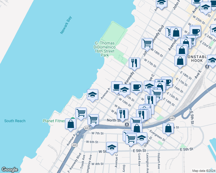 map of restaurants, bars, coffee shops, grocery stores, and more near 2 Pavonia Court in Bayonne