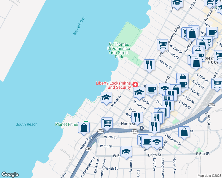 map of restaurants, bars, coffee shops, grocery stores, and more near 169 West 10th Street in Bayonne