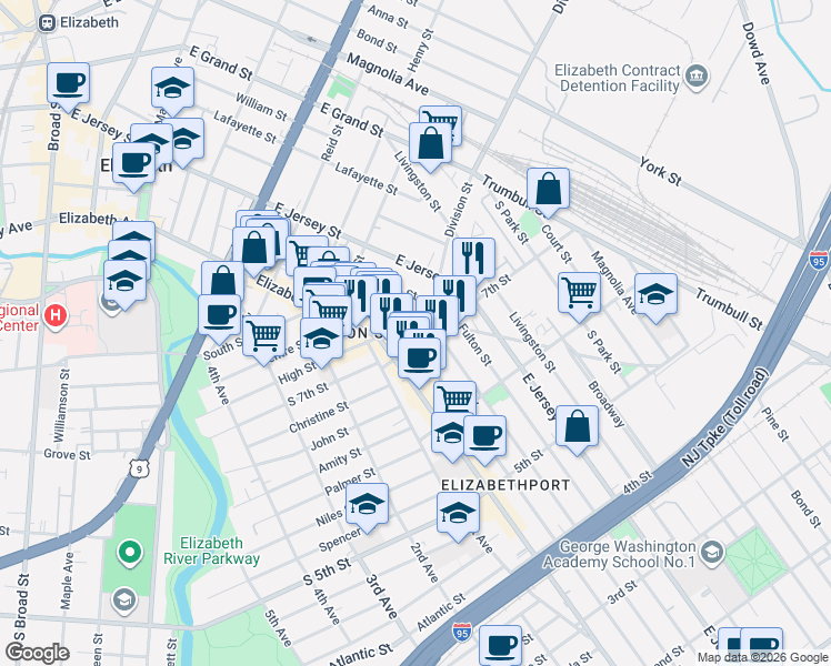 map of restaurants, bars, coffee shops, grocery stores, and more near 60 Division Street in Elizabeth