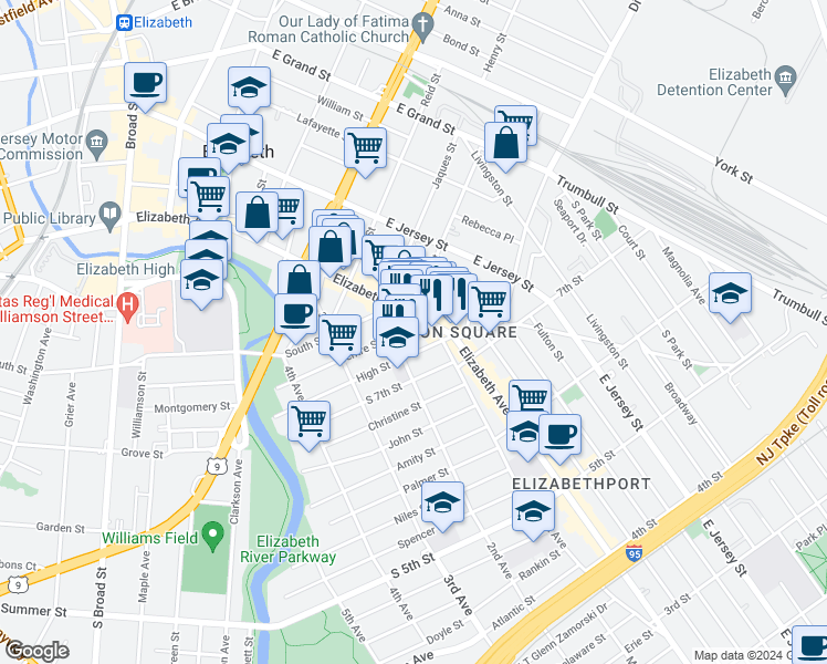 map of restaurants, bars, coffee shops, grocery stores, and more near 826 Elizabeth Avenue in Elizabeth