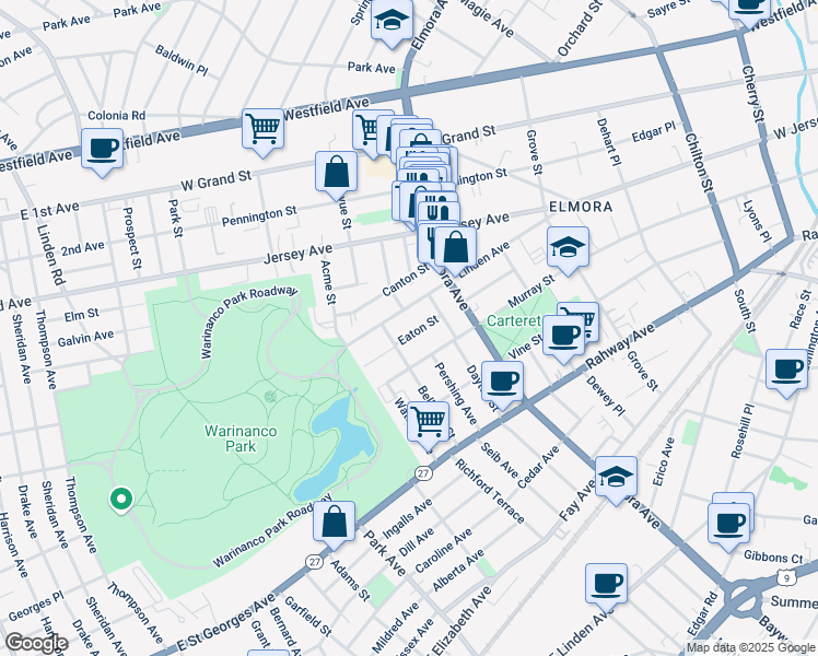map of restaurants, bars, coffee shops, grocery stores, and more near 731 Eaton Street in Elizabeth