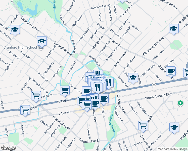 map of restaurants, bars, coffee shops, grocery stores, and more near 24 Springfield Avenue in Cranford