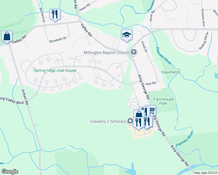 map of restaurants, bars, coffee shops, grocery stores, and more near 201 Jamestown Road in Basking Ridge