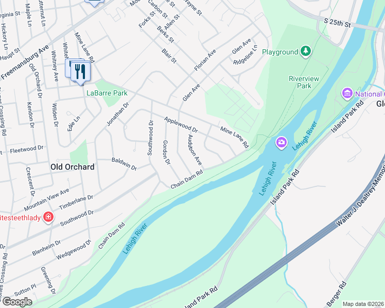 map of restaurants, bars, coffee shops, grocery stores, and more near 16 Audubon Avenue in Easton