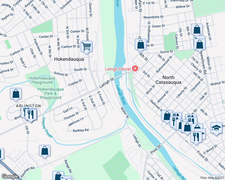map of restaurants, bars, coffee shops, grocery stores, and more near 3232 Water Street in Hokendauqua