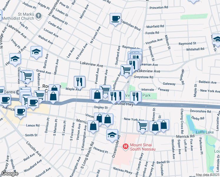 map of restaurants, bars, coffee shops, grocery stores, and more near 275 Maple Avenue in Rockville Centre