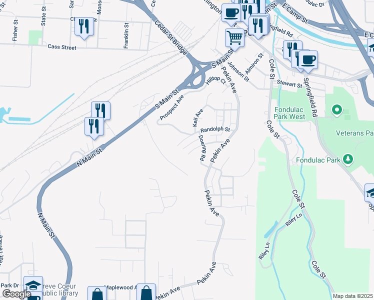 map of restaurants, bars, coffee shops, grocery stores, and more near 222 Crescent Avenue in East Peoria