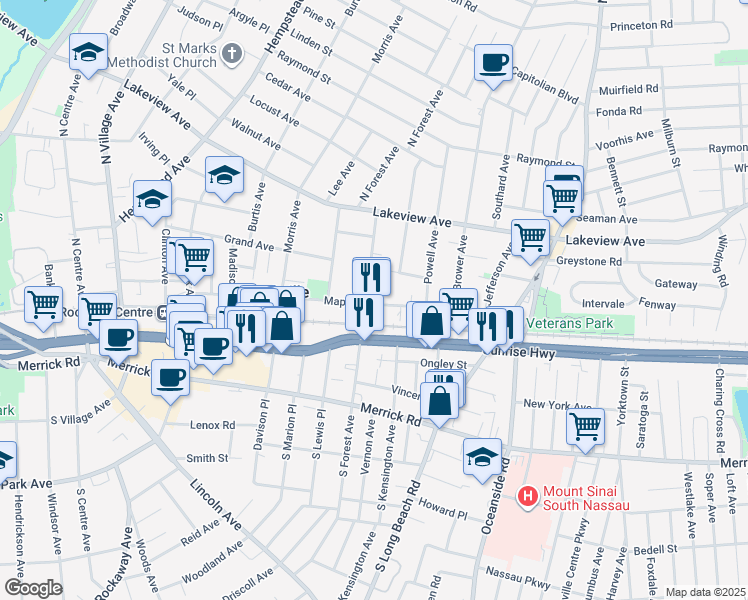 map of restaurants, bars, coffee shops, grocery stores, and more near 181 Maple Avenue in Rockville Centre