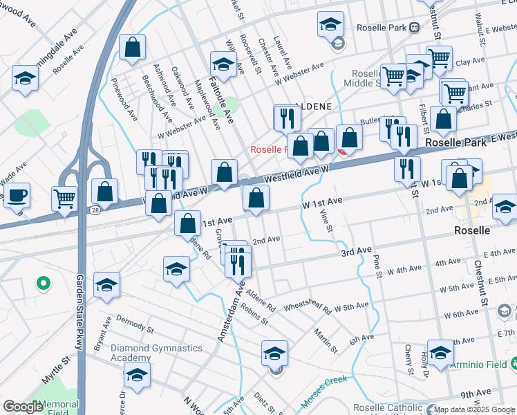map of restaurants, bars, coffee shops, grocery stores, and more near 43-61 Gordon St in Roselle
