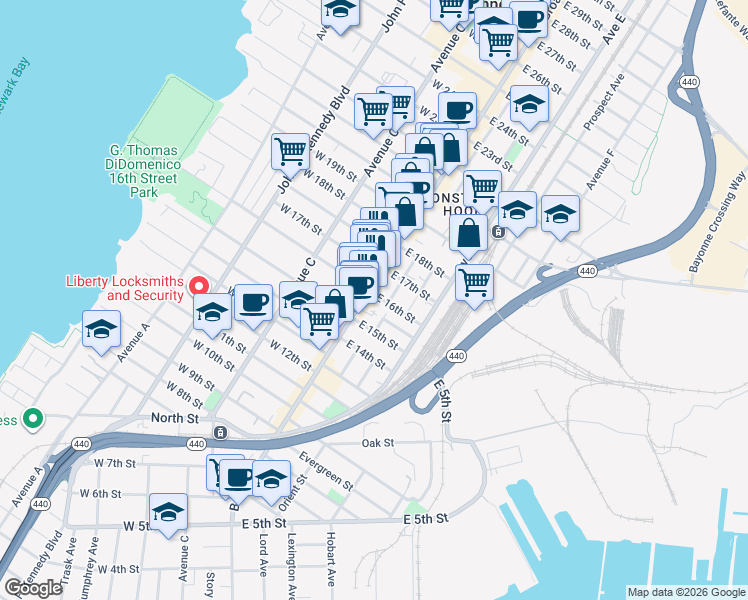 map of restaurants, bars, coffee shops, grocery stores, and more near 355 Broadway in Bayonne