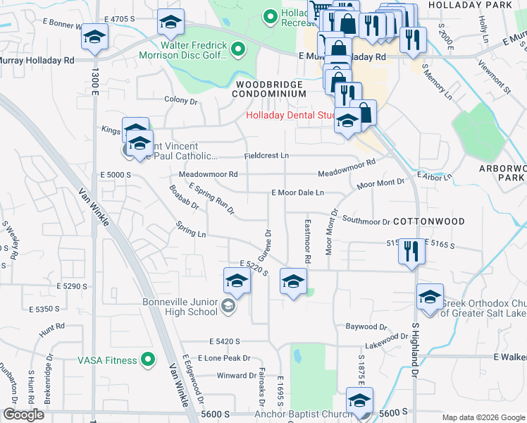 map of restaurants, bars, coffee shops, grocery stores, and more near 5088 South 1650 East in Holladay