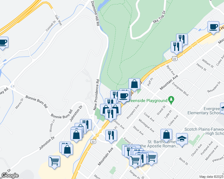 map of restaurants, bars, coffee shops, grocery stores, and more near 607 Donato Circle in Scotch Plains