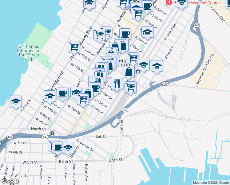 map of restaurants, bars, coffee shops, grocery stores, and more near 153 Avenue E in Bayonne