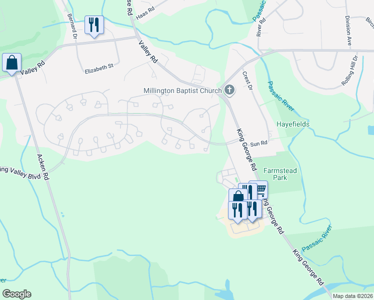 map of restaurants, bars, coffee shops, grocery stores, and more near 201 Jamestown Road in Basking Ridge