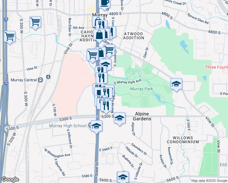 map of restaurants, bars, coffee shops, grocery stores, and more near 5175 South Rancho Court in Murray