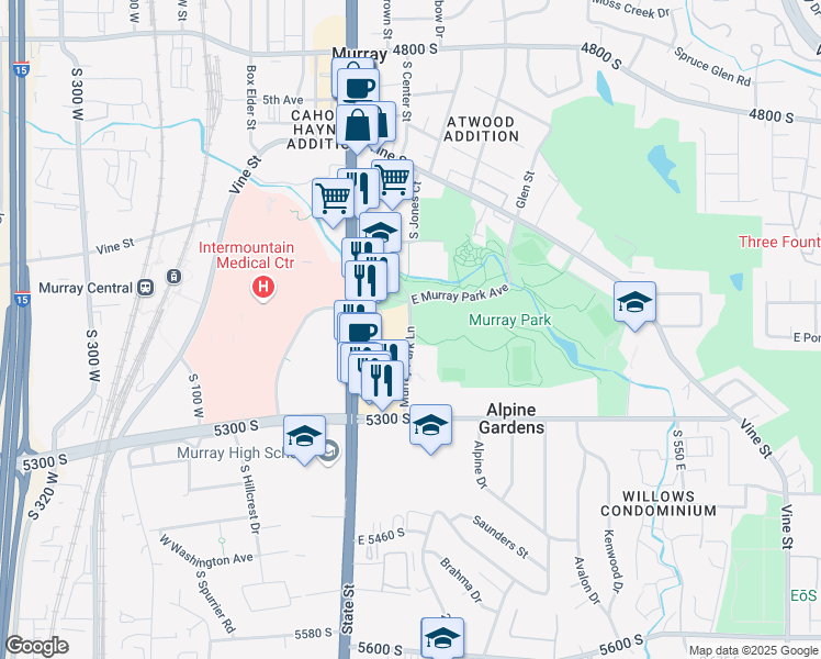 map of restaurants, bars, coffee shops, grocery stores, and more near 5175 South Rancho Court in Murray