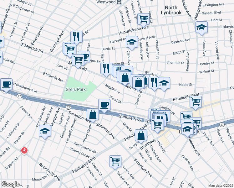 map of restaurants, bars, coffee shops, grocery stores, and more near 38 Maple Avenue in Lynbrook
