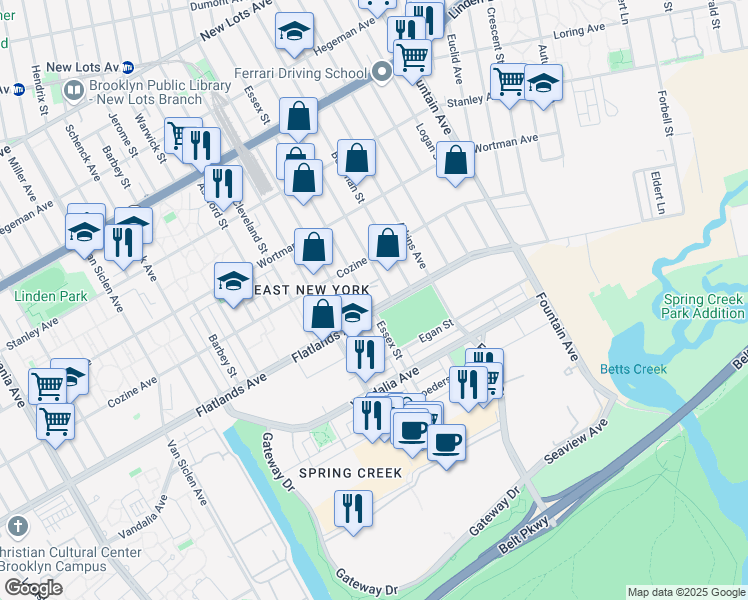 map of restaurants, bars, coffee shops, grocery stores, and more near 12505 Flatlands Avenue in Brooklyn