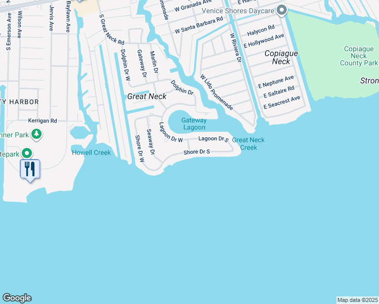 map of restaurants, bars, coffee shops, grocery stores, and more near Shore Drive South in Copiague