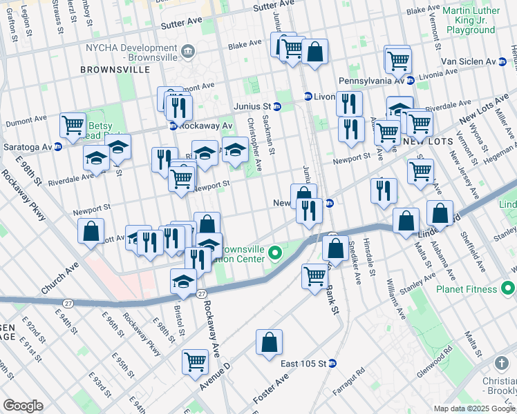 map of restaurants, bars, coffee shops, grocery stores, and more near 522 Christopher Avenue in Brooklyn