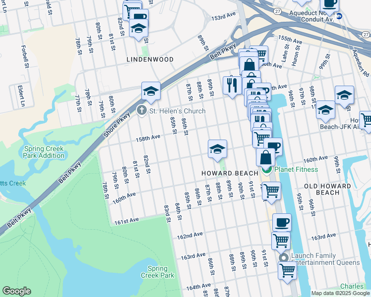 map of restaurants, bars, coffee shops, grocery stores, and more near 158-27 86th Street in Queens