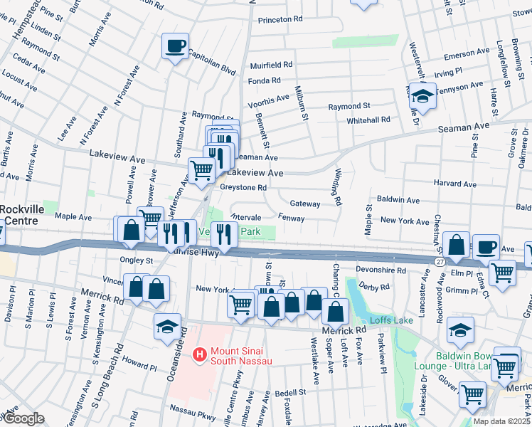 map of restaurants, bars, coffee shops, grocery stores, and more near 29 Fenway in Rockville Centre