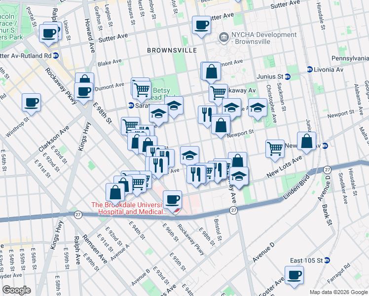 map of restaurants, bars, coffee shops, grocery stores, and more near 874 Thomas S Boyland Street in Brooklyn