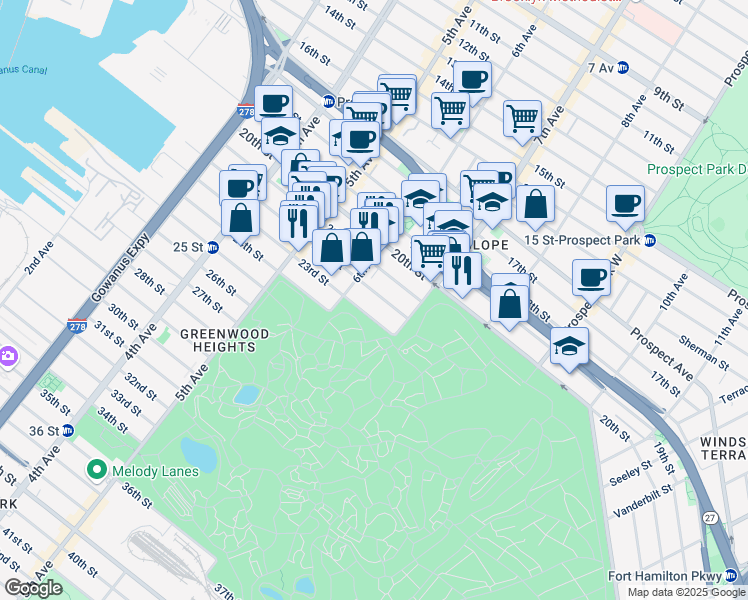 map of restaurants, bars, coffee shops, grocery stores, and more near 329 22nd Street in Brooklyn