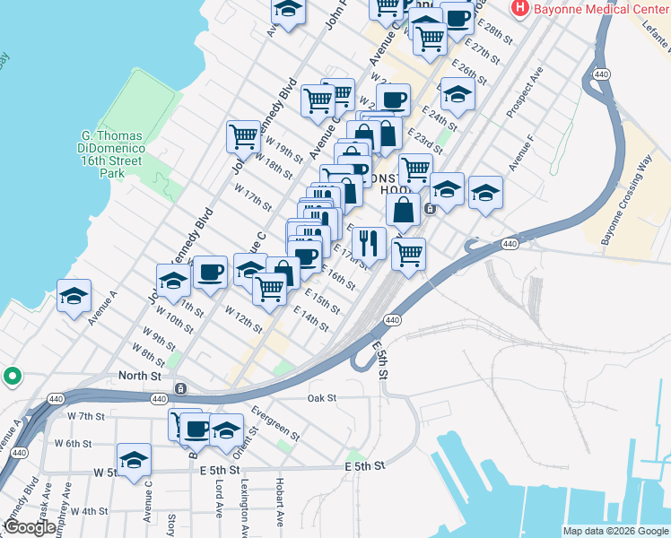 map of restaurants, bars, coffee shops, grocery stores, and more near 14 Court Place in Bayonne