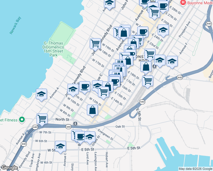 map of restaurants, bars, coffee shops, grocery stores, and more near 23 West 15th Street in Bayonne