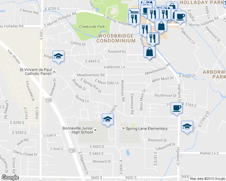 map of restaurants, bars, coffee shops, grocery stores, and more near 5088 South 1650 East in Holladay