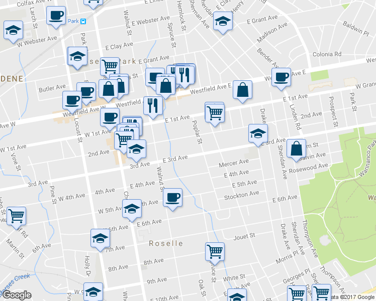 map of restaurants, bars, coffee shops, grocery stores, and more near 257 E 3rd Ave in Roselle
