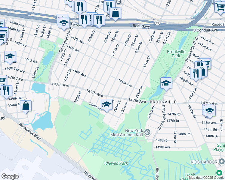 map of restaurants, bars, coffee shops, grocery stores, and more near 146-41 229th Street in Queens