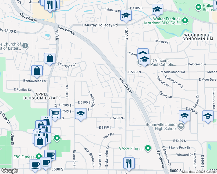 map of restaurants, bars, coffee shops, grocery stores, and more near 5072 South Camino Real Drive in Salt Lake City