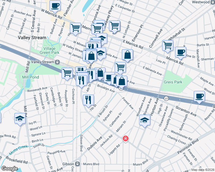 map of restaurants, bars, coffee shops, grocery stores, and more near 70 East Sunrise Highway in Valley Stream