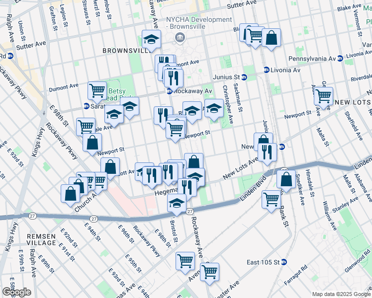 map of restaurants, bars, coffee shops, grocery stores, and more near 165 Lott Avenue in Brooklyn