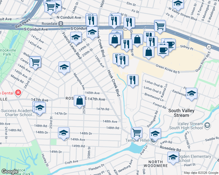 map of restaurants, bars, coffee shops, grocery stores, and more near 145-22 Frankton Street in Queens