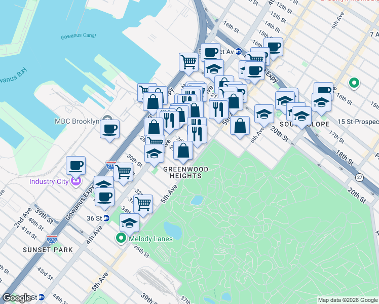 map of restaurants, bars, coffee shops, grocery stores, and more near 756 5th Avenue in Brooklyn