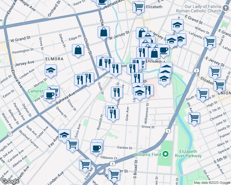 map of restaurants, bars, coffee shops, grocery stores, and more near 138 Race Street in Elizabeth