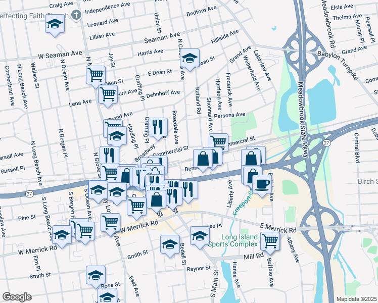 map of restaurants, bars, coffee shops, grocery stores, and more near 100 Commercial Street in Freeport