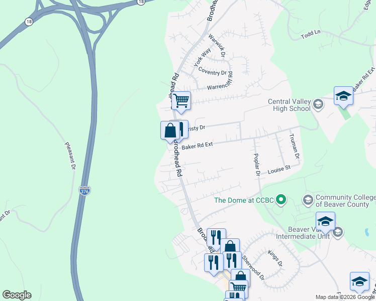 map of restaurants, bars, coffee shops, grocery stores, and more near 3588 Brodhead Road in Monaca