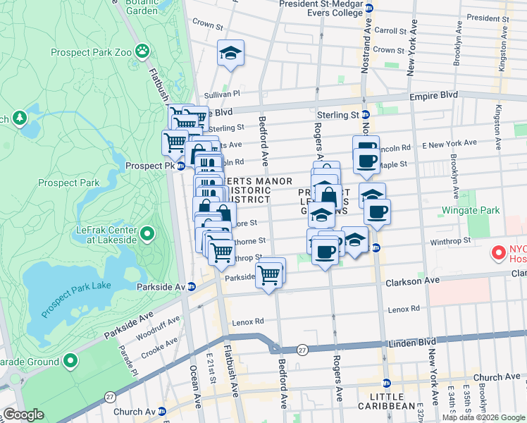 map of restaurants, bars, coffee shops, grocery stores, and more near 100 Rutland Road in Brooklyn