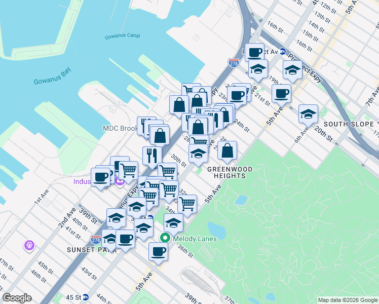 map of restaurants, bars, coffee shops, grocery stores, and more near 141 28th Street in Brooklyn