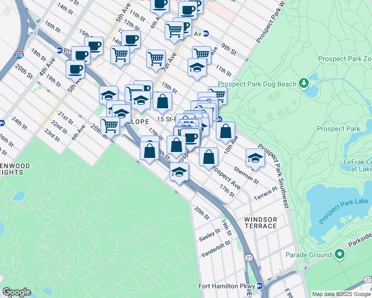 map of restaurants, bars, coffee shops, grocery stores, and more near 256 Prospect Park West in Brooklyn