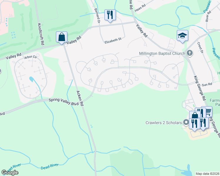 map of restaurants, bars, coffee shops, grocery stores, and more near 109 Potomac Drive in Basking Ridge