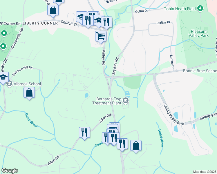map of restaurants, bars, coffee shops, grocery stores, and more near 726 Martinsville Road in Basking Ridge