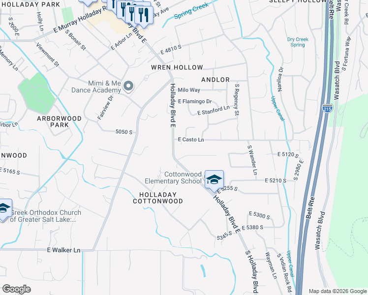 map of restaurants, bars, coffee shops, grocery stores, and more near 5083 Clarenden Place in Holladay