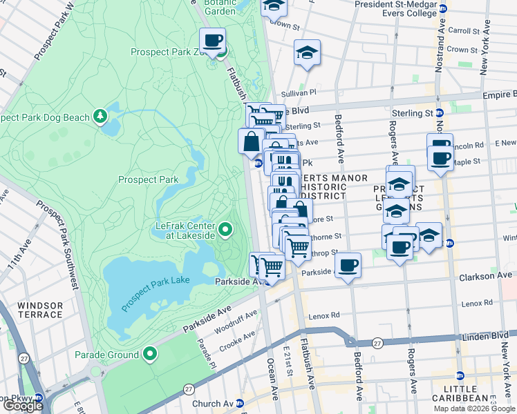 map of restaurants, bars, coffee shops, grocery stores, and more near 163 Ocean Avenue in Brooklyn