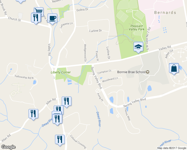 map of restaurants, bars, coffee shops, grocery stores, and more near 12 Baldwin Court in Bernards