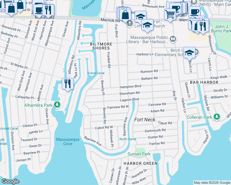 map of restaurants, bars, coffee shops, grocery stores, and more near 41 Hampton Boulevard in Massapequa
